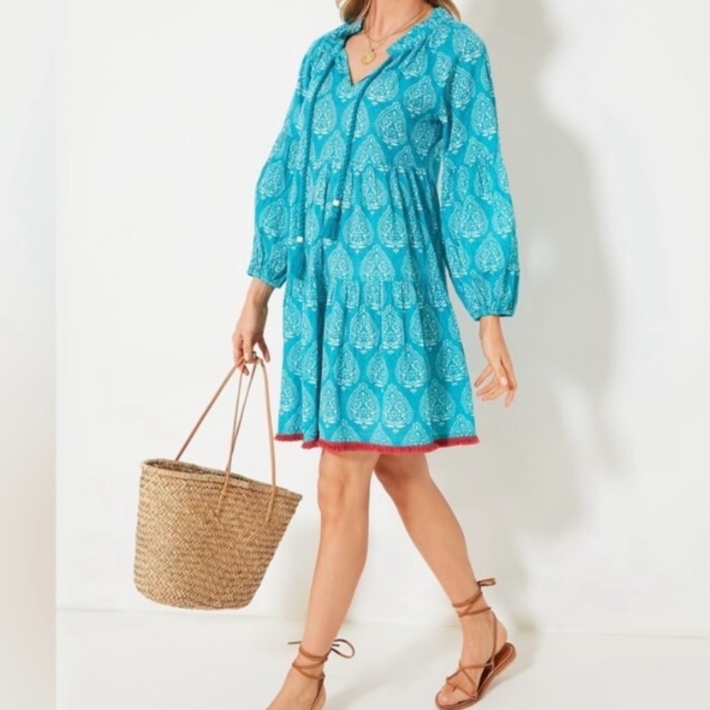 Tuckernuck Tropical Teal Lantern Block Print Tie Neck Caftan Size M NEW Boho